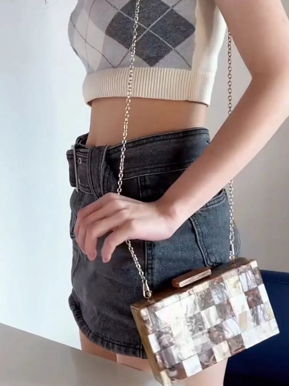 NEW Brown Marble Check Acrylic Evening Clutch with Gold Chain
